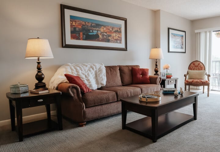 Fully Furnished Living Room of an Assisted Living Apartment for Seniors